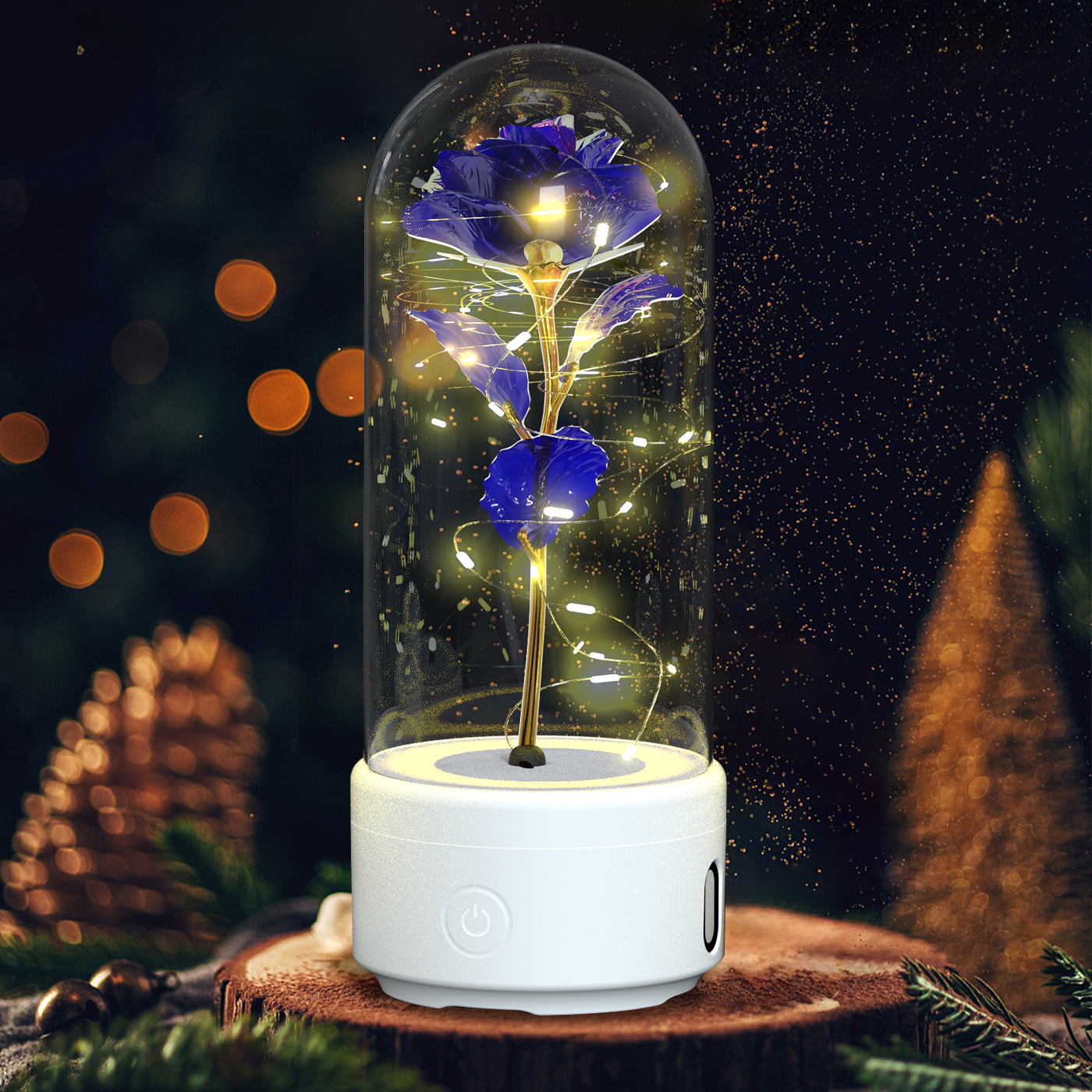 Creative 2 In 1 Rose Flowers LED Light And Bluetooth-compatible Speaker Valentine's Day Gift Rose Luminous Night Light Ornament In Glass Cover — White Base Purple Flower