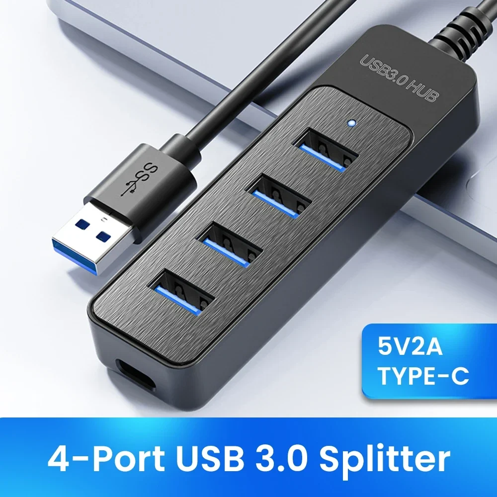 4-port USB 3.0 hub with USB-C power input, USB-A or USB-C plug — representative supplier photograph