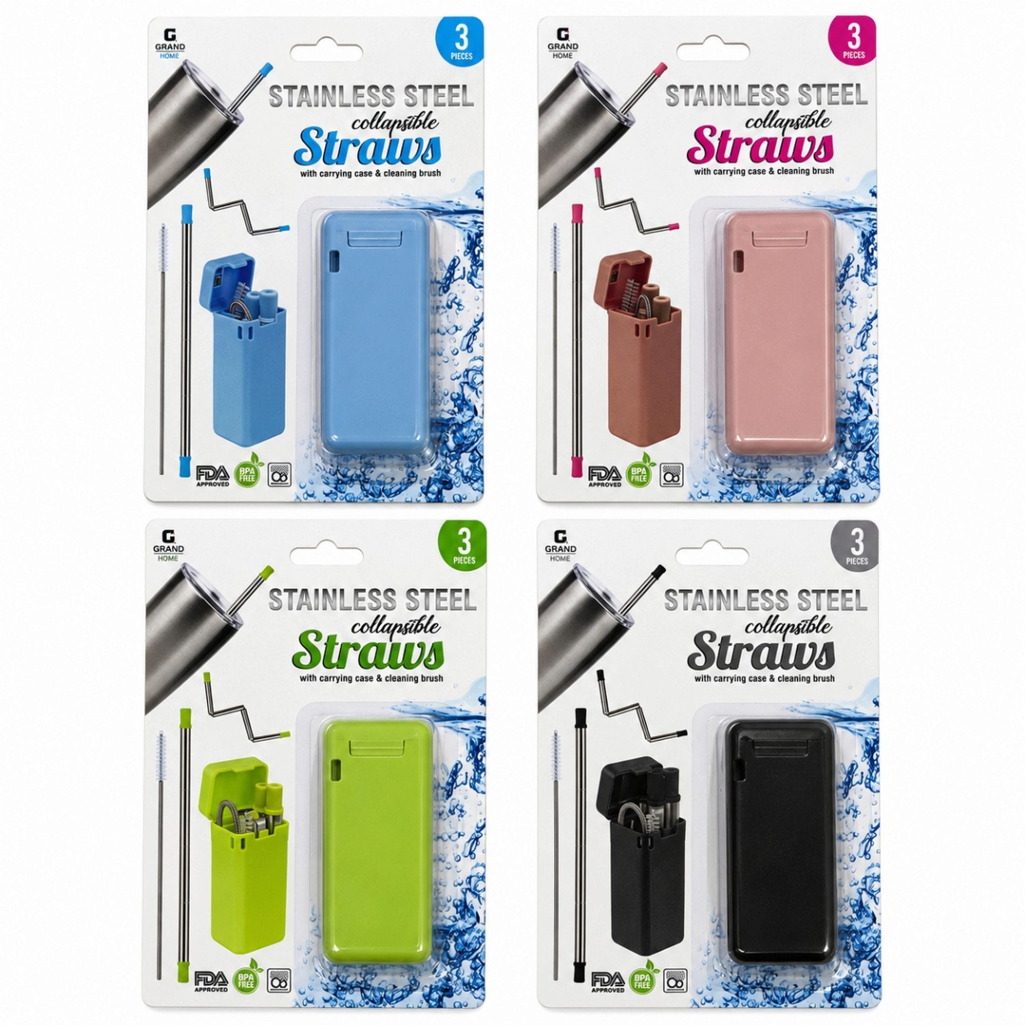 Bulk 27-Pack: Collapsible Stainless Steel Straw with Carrying Case and Cleaning Brush in Assorted Colors