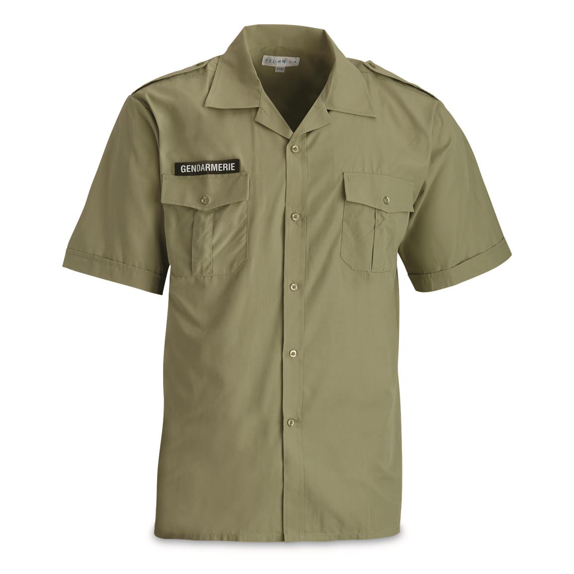 French Police Surplus Short Sleeve Service Shirts, 2 Pack, New — Olive Drab / Small