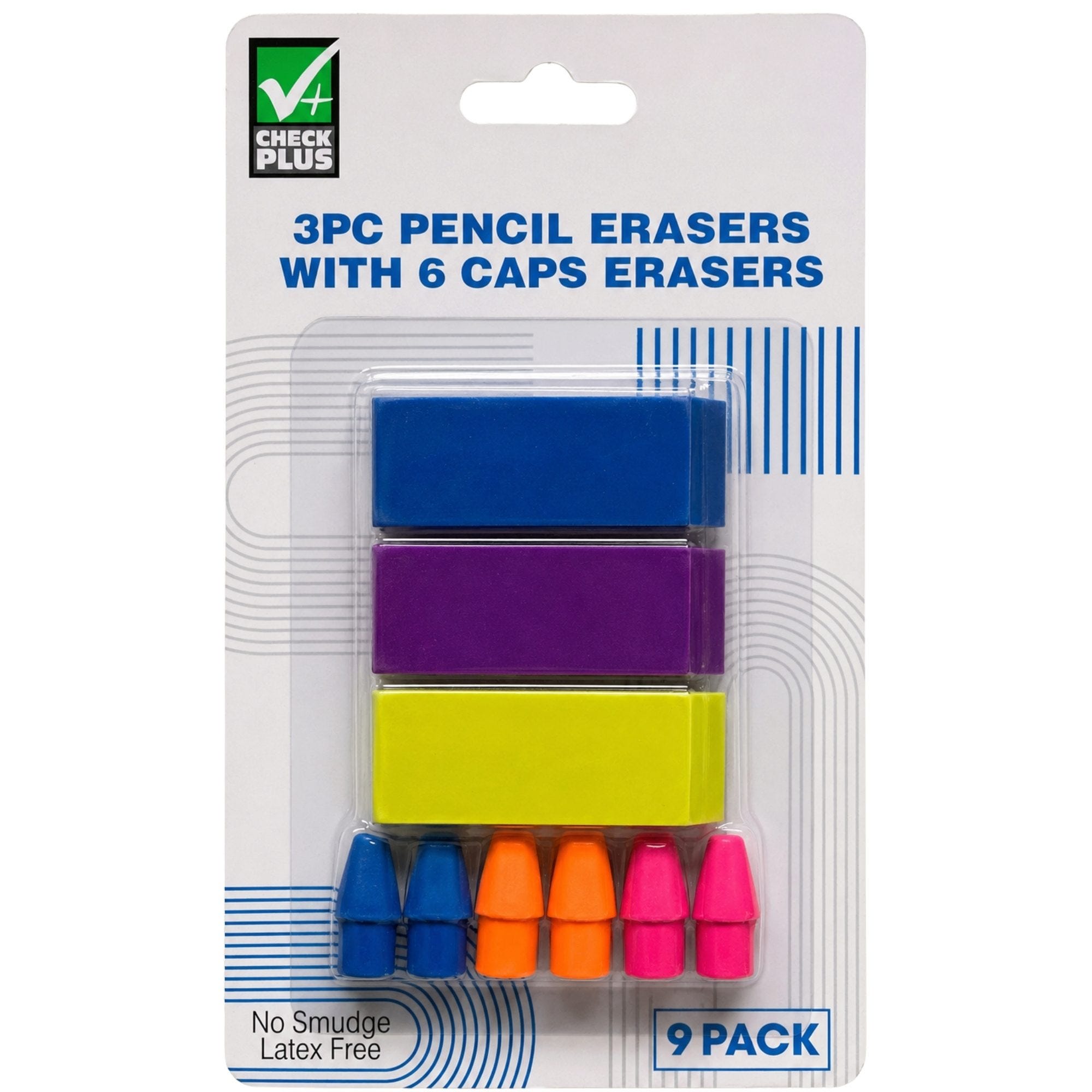 Bulk 36-Pack: CHECK PLUS 9 Pack Multi Color 3PC Pencil Erasers with 6 Caps Erasers
