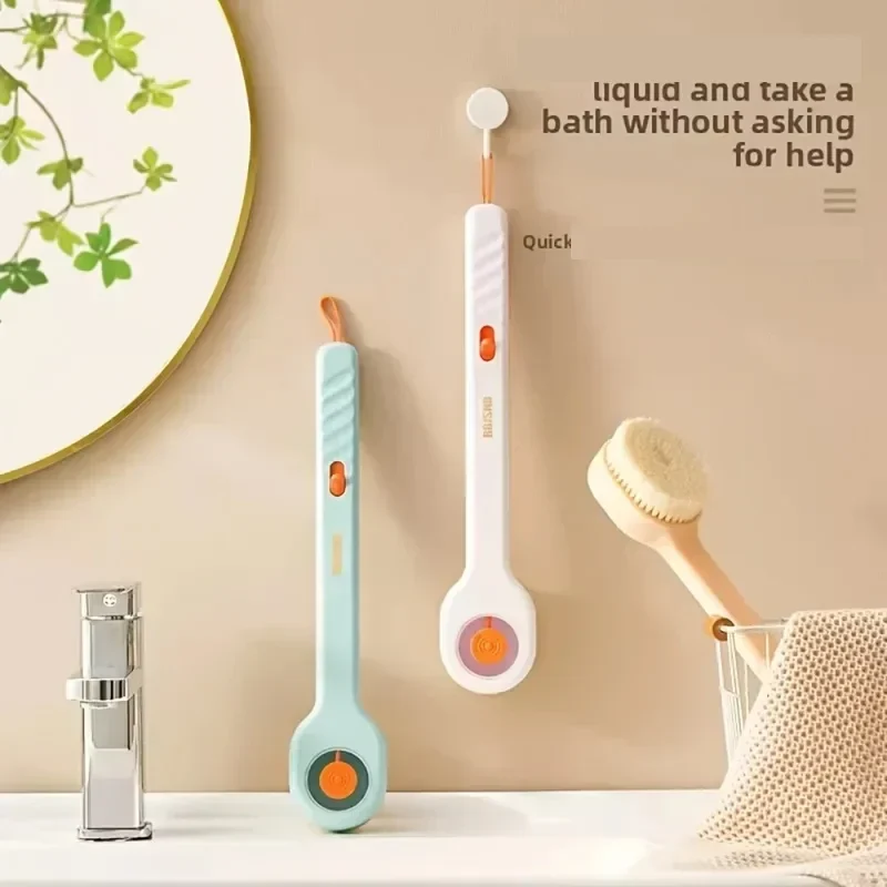 Long-handled bath brush with soap dispenser