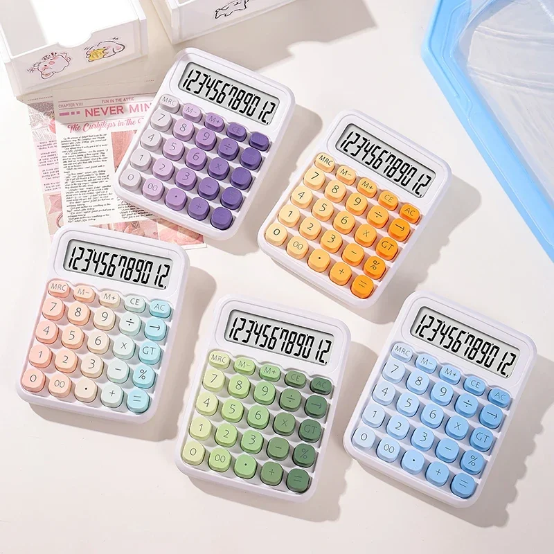 12-digit desk calculator with colourful round keys, solar powered