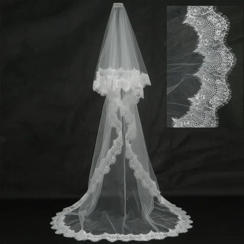 Two-layer lace-edge bridal veil with comb, 3 m cathedral length, ivory — representative supplier photograph