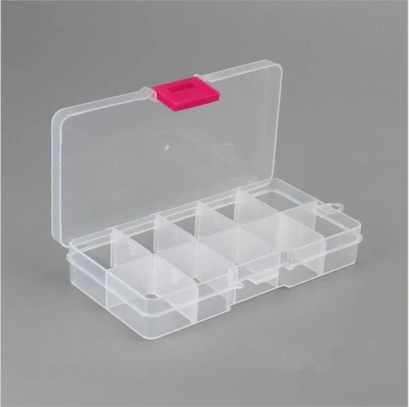 Clear 10-compartment bead and findings box with adjustable dividers — representative supplier photograph