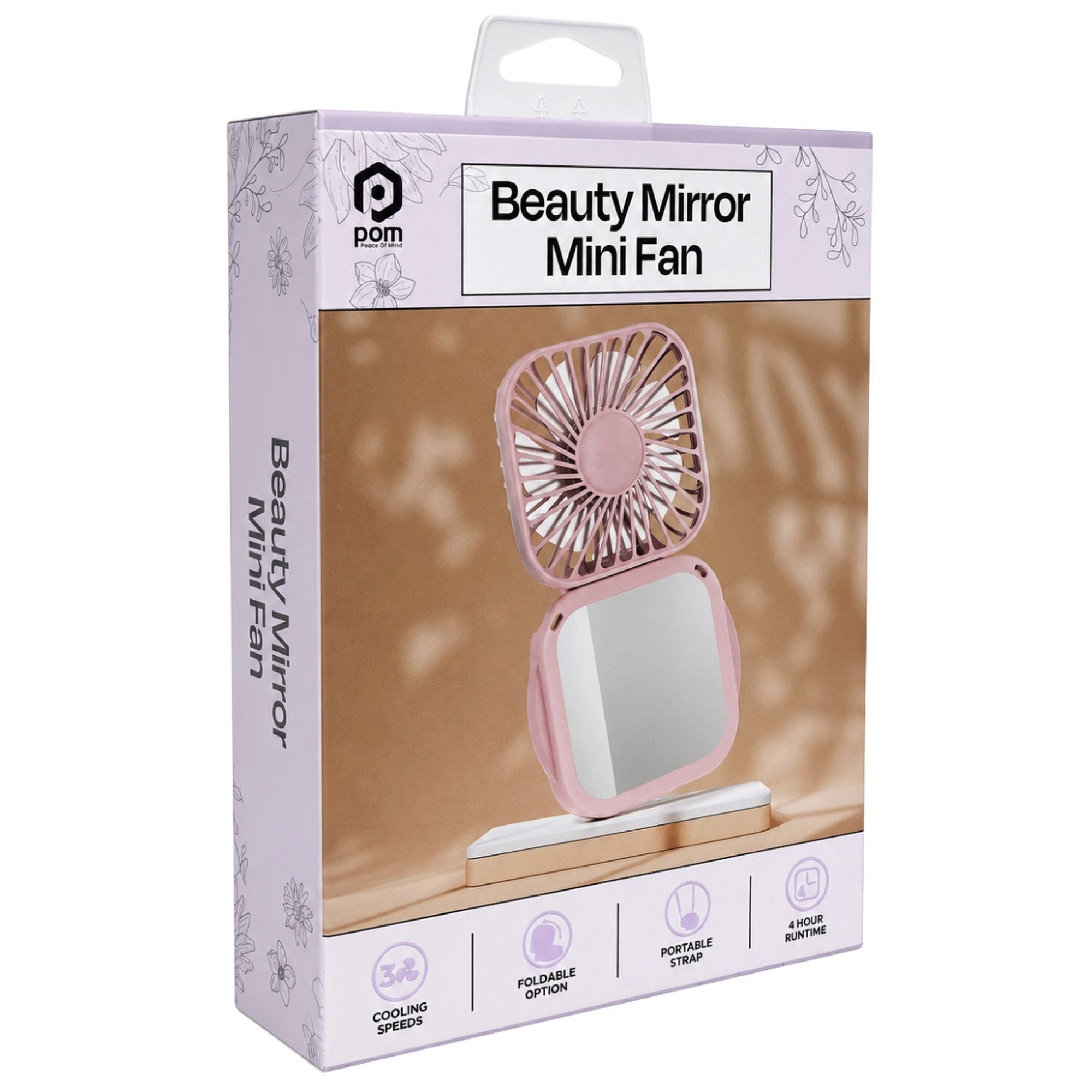 Bulk 12-Pack: POM Gear Rechargeable Folding Beauty Mini Fan with Mirror & Neck Strap in Pink