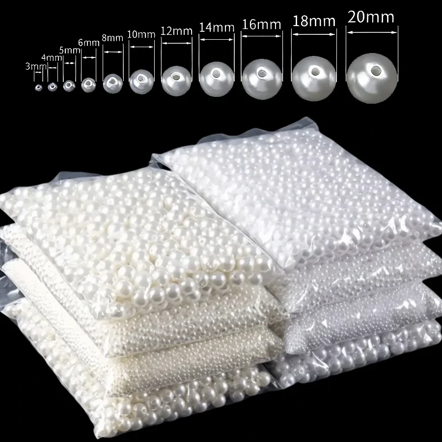 Imitation pearl craft beads with holes, ABS plastic, 30 g pack — representative supplier photograph