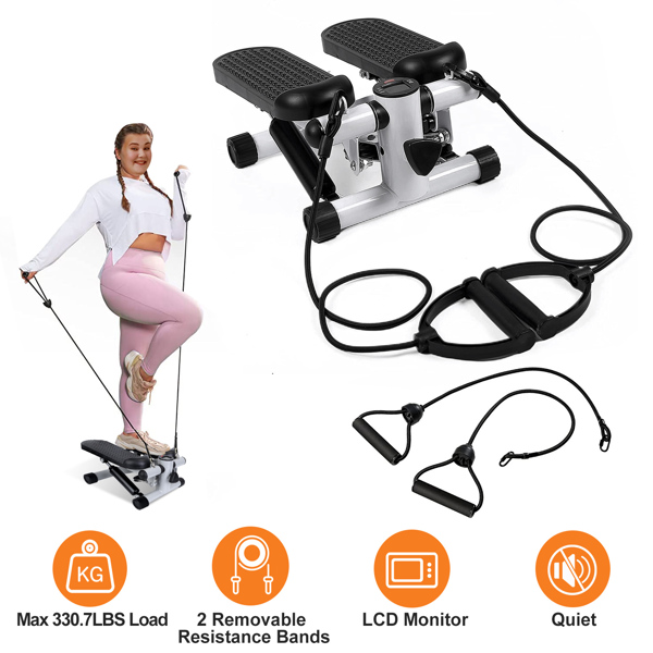 Fitness Step Machine, Mini Step Machine With Resistance Band, Home Fitness Equipment With 330.7LBS Load-bearing Capacity, Hydraulic Fitness Step Machine With LCD Display Screen — Grey