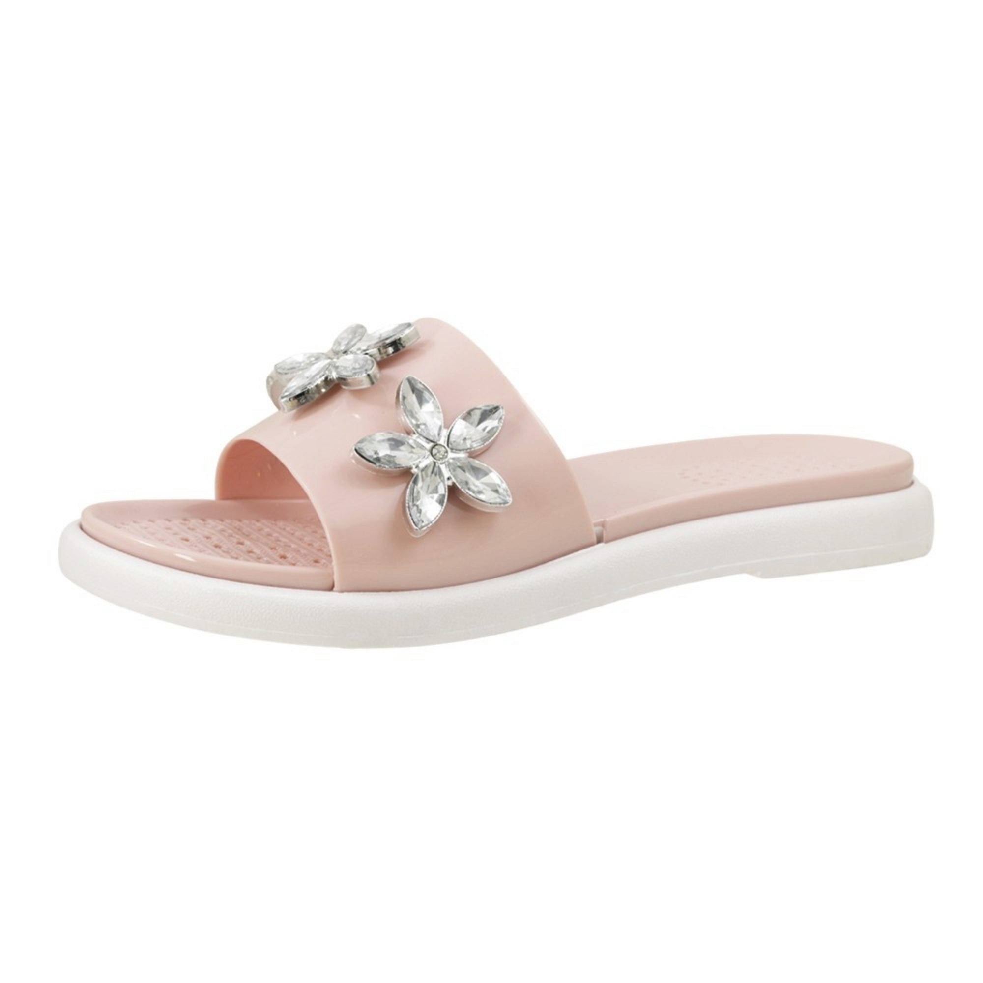Bulk 15-Pack: Women's Rhinestone Flower Comfort Insole Slide Sandals in Pink Size 6-10