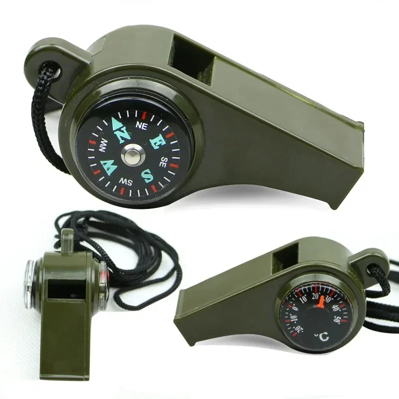 3-in-1 emergency whistle with compass and thermometer — representative supplier photograph