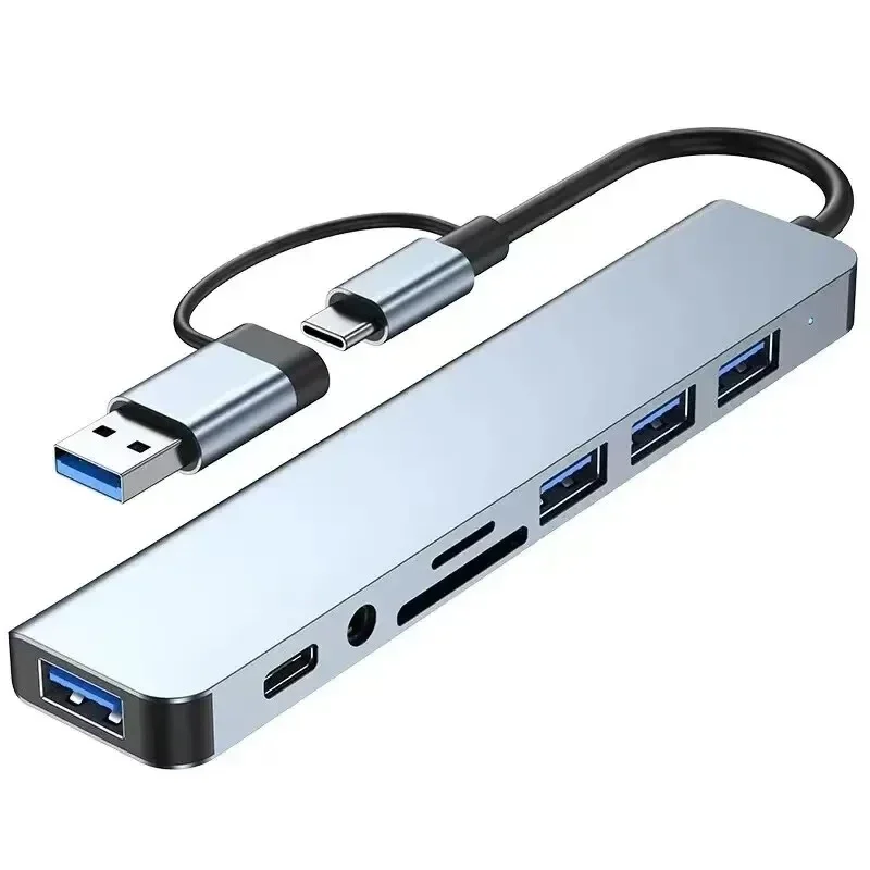 8-in-2 USB hub with SD and microSD reader, USB-A and USB-C plugs — representative supplier photograph