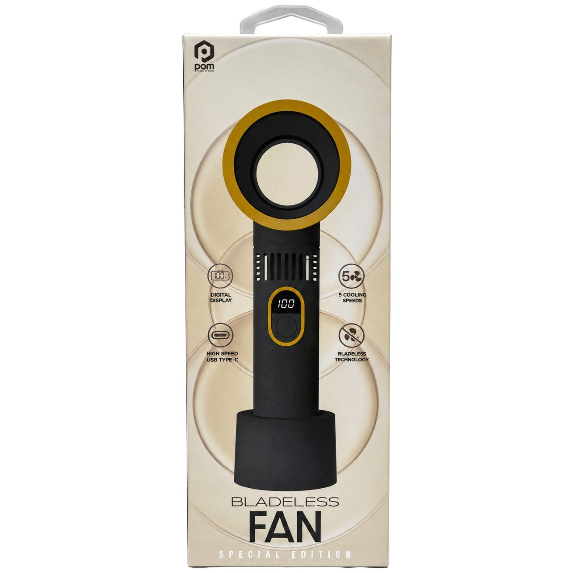 POM Gear 5-Speed Bladeless Fan with Digital Display and Desk Stand in Gold & Black (pack of 6)