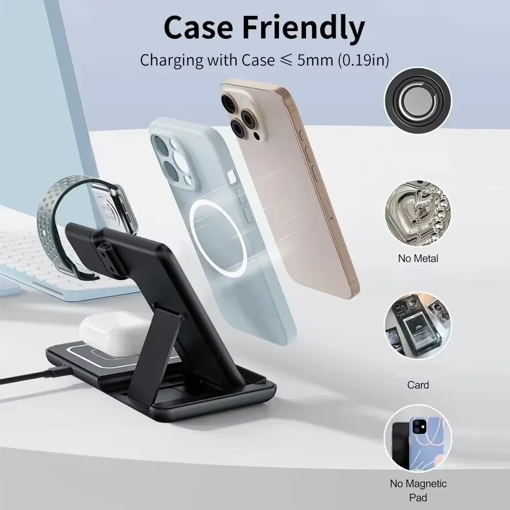 3-in-1 foldable wireless charging stand, compatible with iPhone 12 and later and Apple Watch — representative supplier photograph