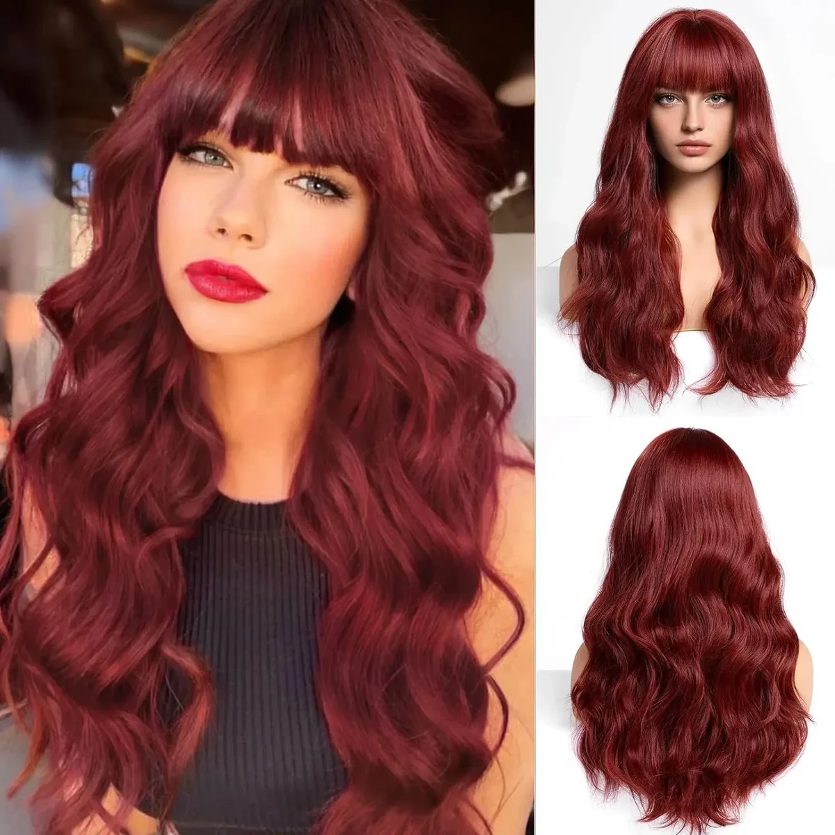 Long wavy synthetic wig with fringe, 26 in, heat-resistant fibre — representative supplier photograph