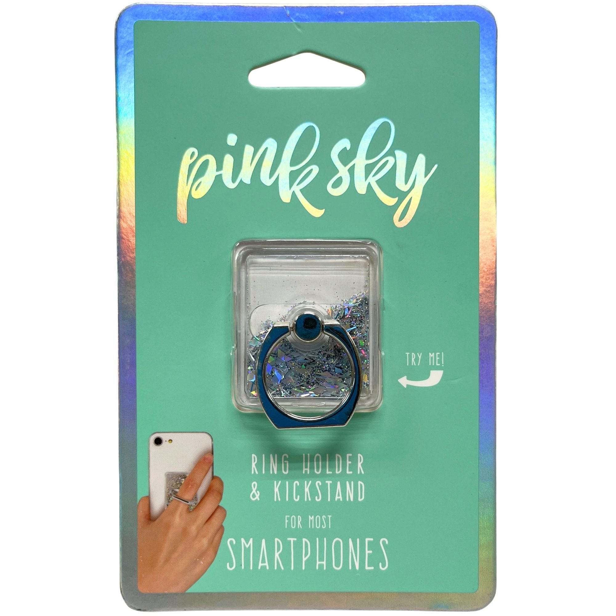 Bulk 48-Pack: Pink Sky Rectangular Phone Ring Holder & Kickstand w/ Silver Floating Glitter Design