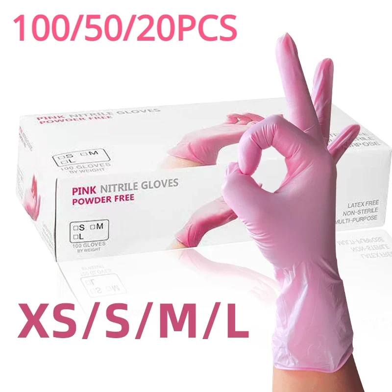 Light pink disposable nitrile gloves, powder-free, 20, 50 or 100 — representative supplier photograph