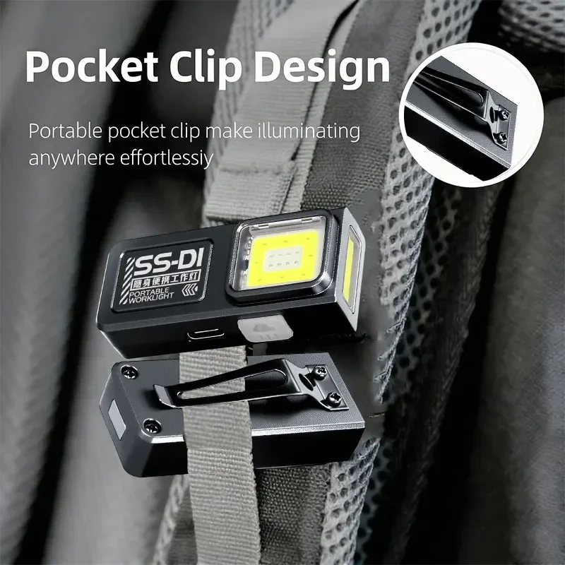 Mini COB pocket work light with clip and magnet, USB rechargeable — representative supplier photograph