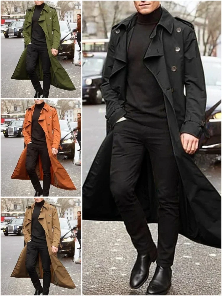 Men's long double-breasted trench coat with belt and epaulets, S to XXL — representative supplier photograph