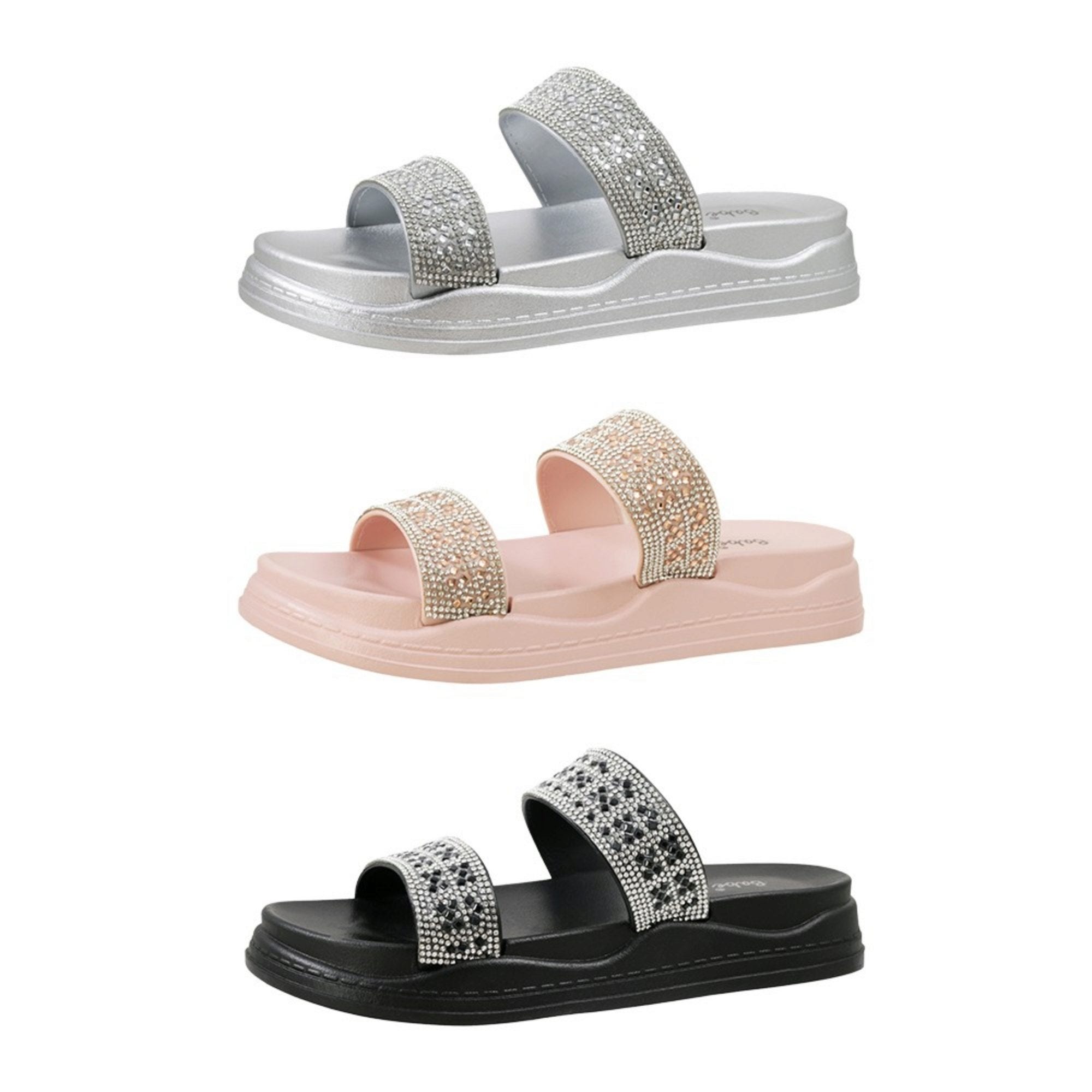 Bulk 11-Pack: Women's Double Band Rhinestone Sandals with Comfort Insole in Assorted Colors Size 6-10