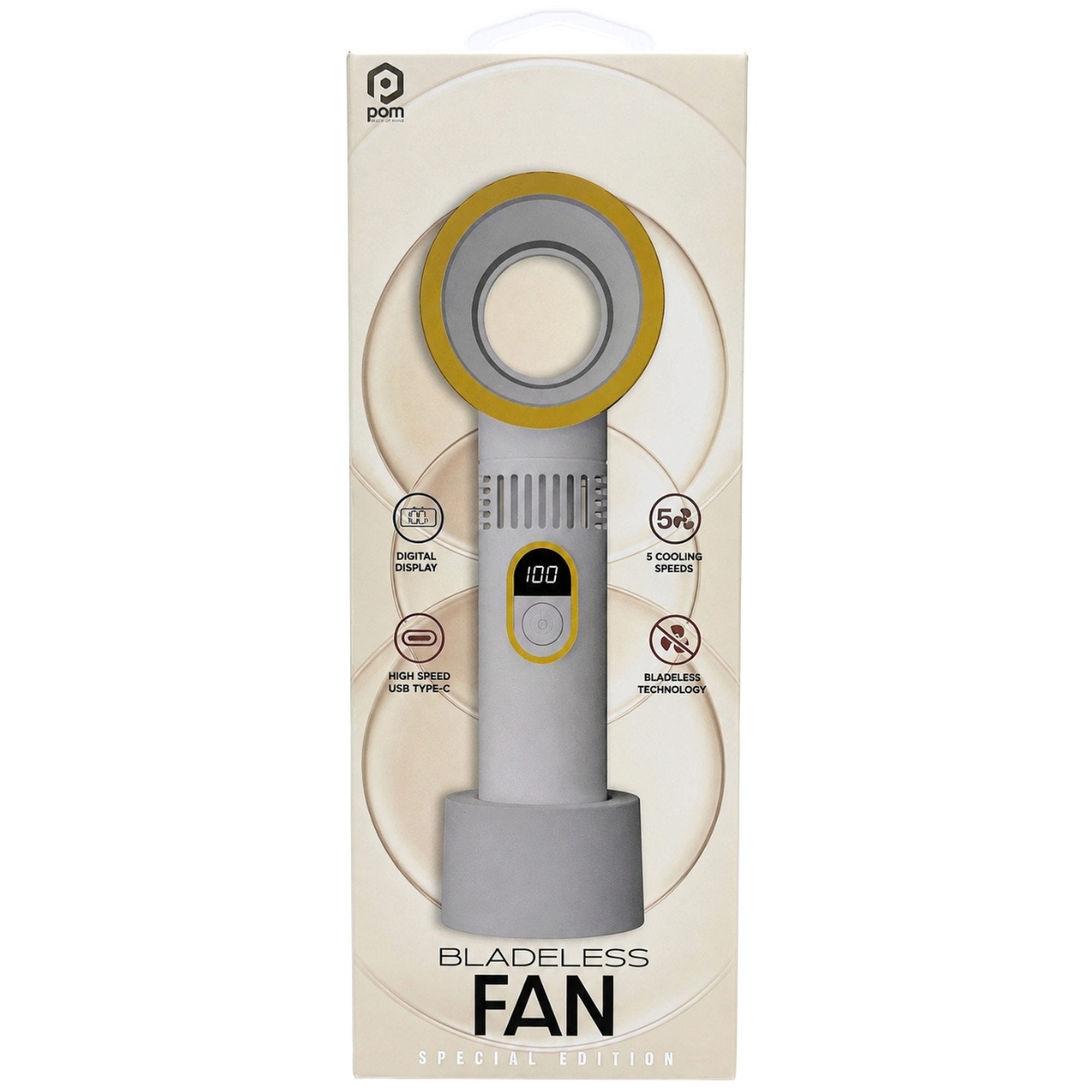 POM Gear 5-Speed Bladeless Fan with Digital Display and Desk Stand in Gold and White (pack of 6)