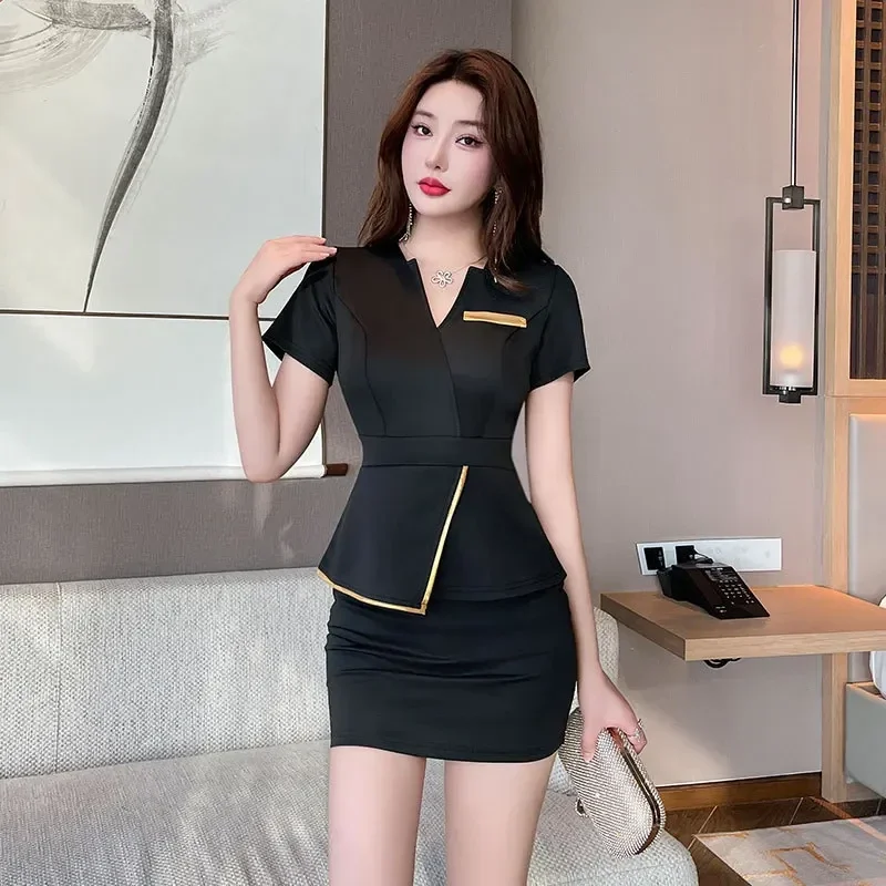 Women's two-piece salon and spa uniform, wrap-front top and skirt, S to 3XL — representative supplier photograph