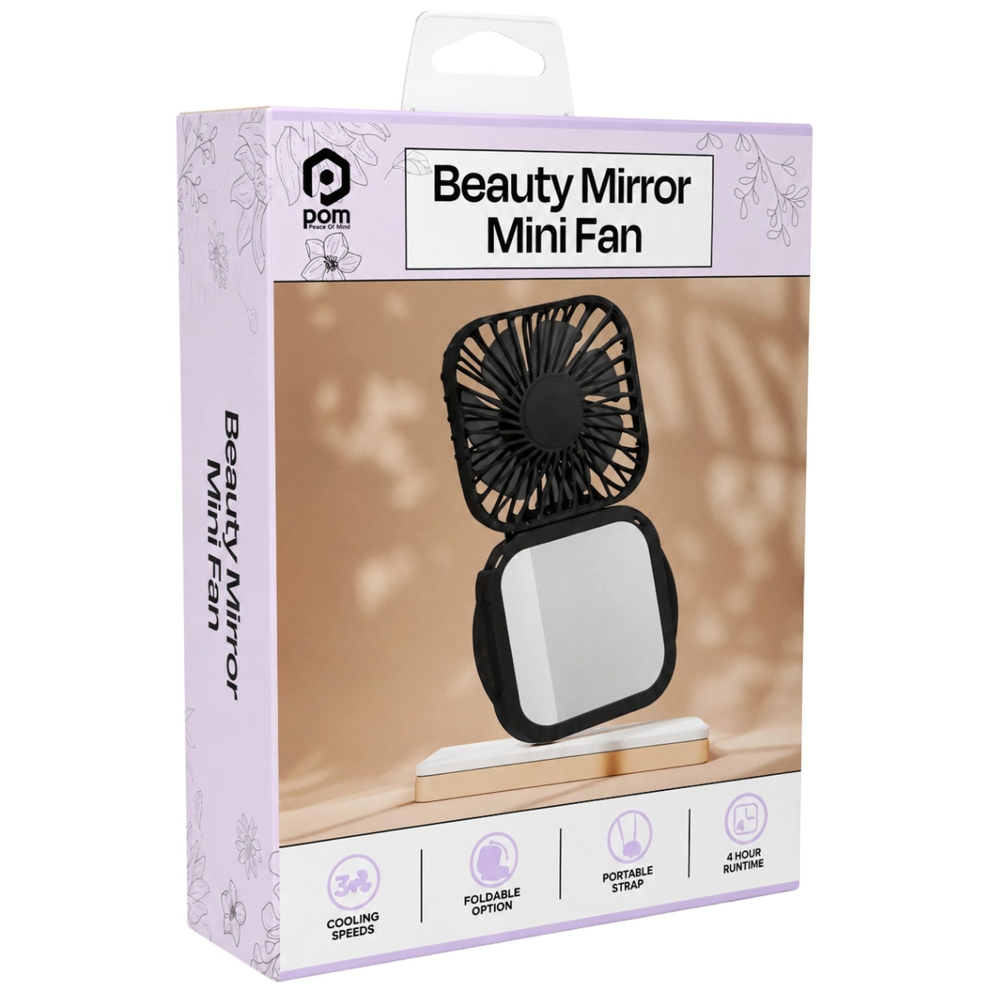 Bulk 12-Pack: POM Gear Rechargeable Folding Beauty Mini Fan with Mirror & Neck Strap in Black