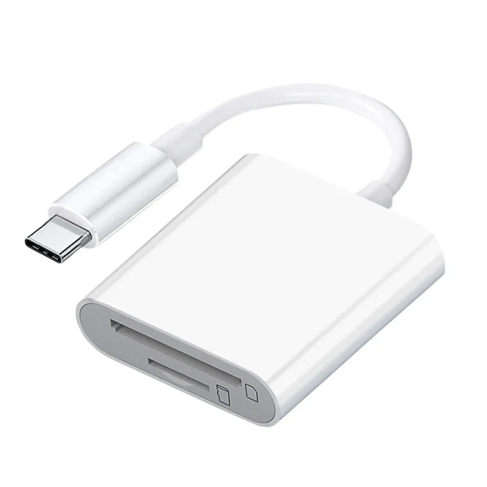 USB-C card reader for SD and microSD cards, compatible with iPad and USB-C phones — representative supplier photograph