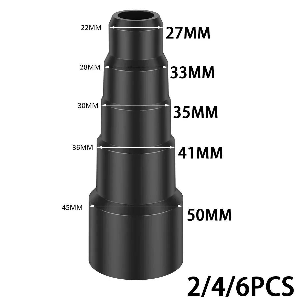 Universal vacuum hose adapter, stepped 23 to 50 mm, 2 to 18 pack — representative supplier photograph